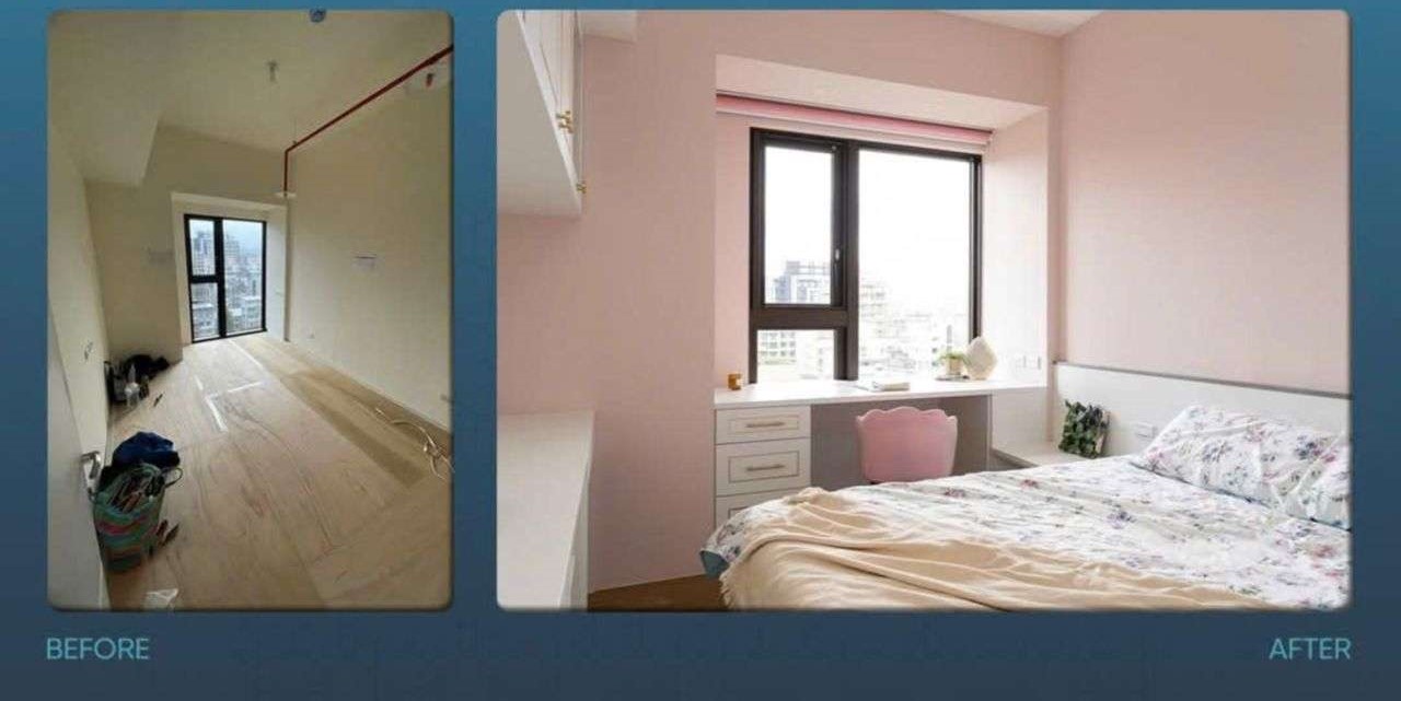 Cải tạo chung cư cũ - Xu hướng “gây bão” cộng đồng mạng 2025 30 Căn phòng trống và phòng ngủ sau cải tạo với tông hồng pastel và bàn học.