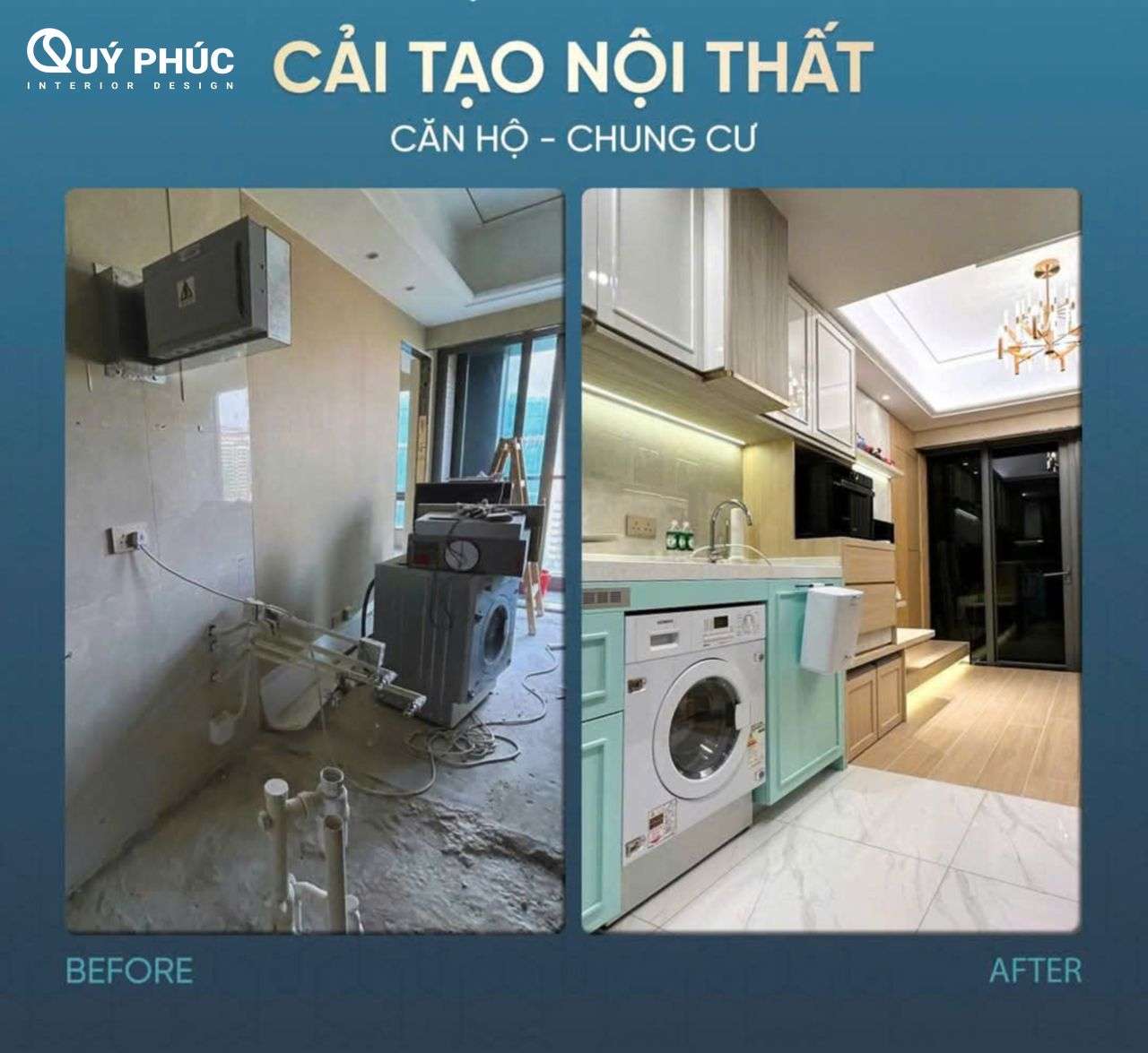 Cải tạo chung cư cũ - Xu hướng “gây bão” cộng đồng mạng 2025 9 Biến đổi khu vực giặt phơi cũ thành bếp tích hợp máy giặt, tủ lưu trữ và bồn rửa.