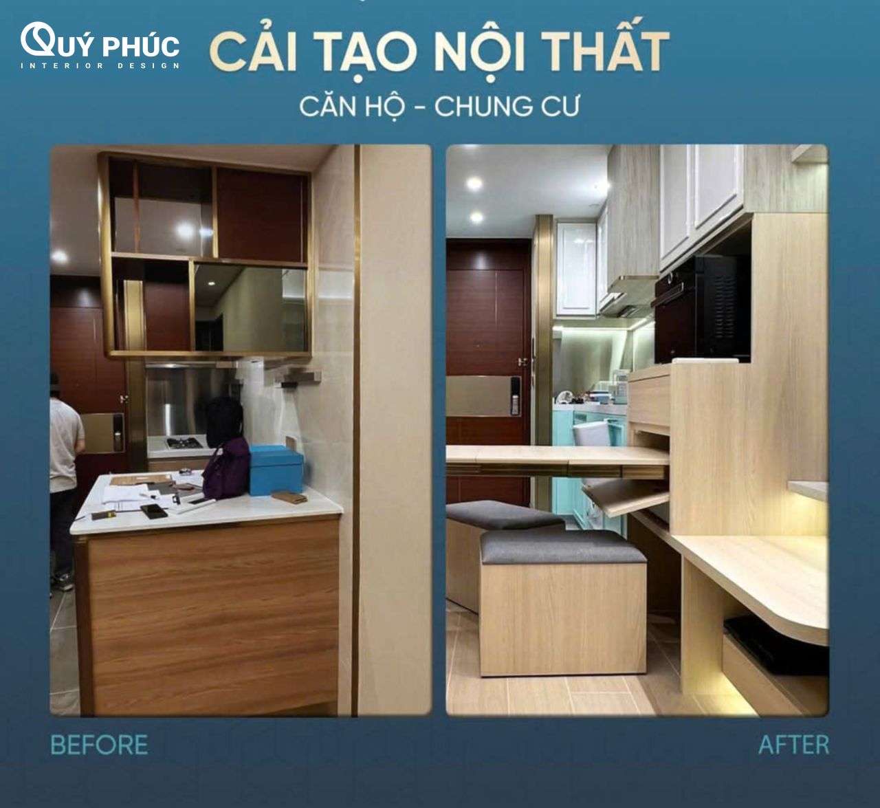 Cải tạo chung cư cũ - Xu hướng “gây bão” cộng đồng mạng 2025 8 Cải tạo khu vực bếp cũ thành hệ bàn ăn tích hợp và tủ đa năng liền khối.