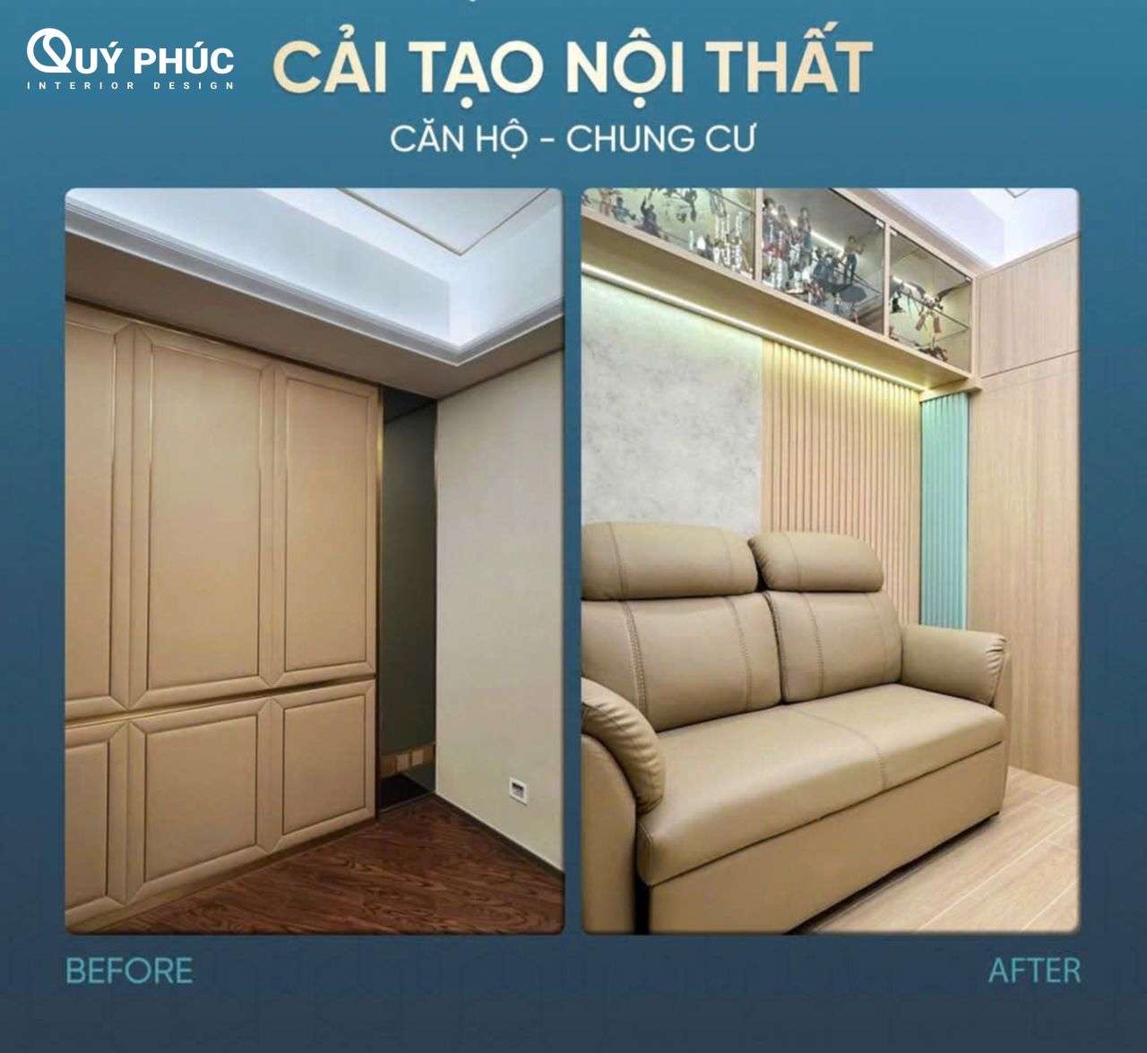 Cải tạo chung cư cũ - Xu hướng “gây bão” cộng đồng mạng 2025 7 Cải tạo mảng tường chết thành không gian thư giãn với sofa và hệ tủ trưng bày.