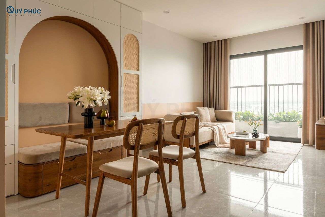 Thi Công Nội Thất Chung Cư 38 Phòng khách liên thông bếp với tông kem
