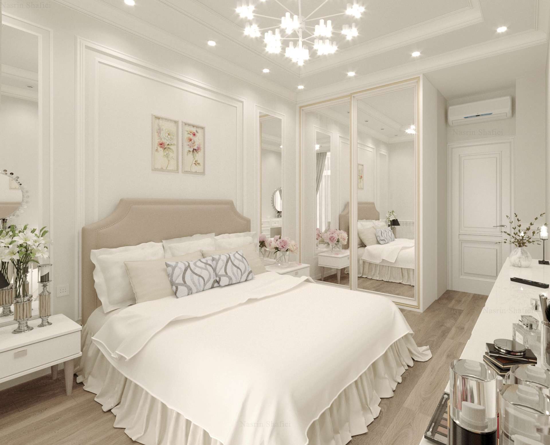 Màu trắng đặc trưng cho phong cách hiện đại và được ứng dụng cho phòng ngủ thêm thanh lịch