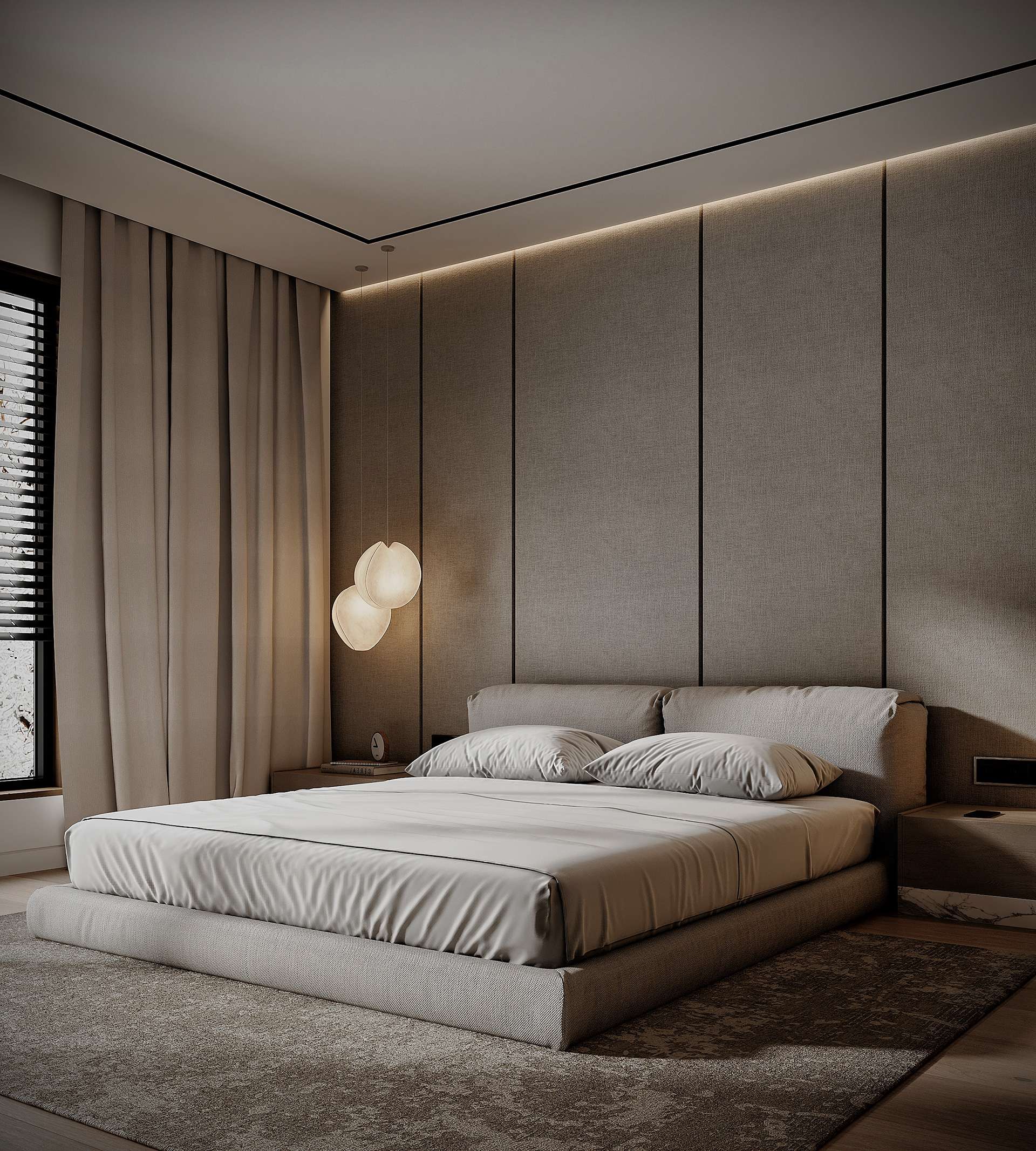 Thiết kế phòng ngủ căn hộ 80m2 với tông màu trắng xám cùng nội thất đơn giản