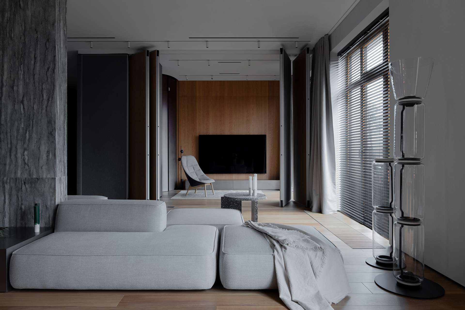 Thiết kế nội thất phòng khách chung cư 43m2 phong cách tối giản, nhẹ nhàng