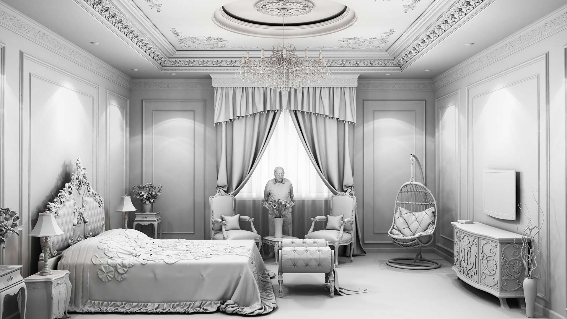 Phòng ngủ được bố trí với những chi tiết trang trí cầu kì và tinh xảo