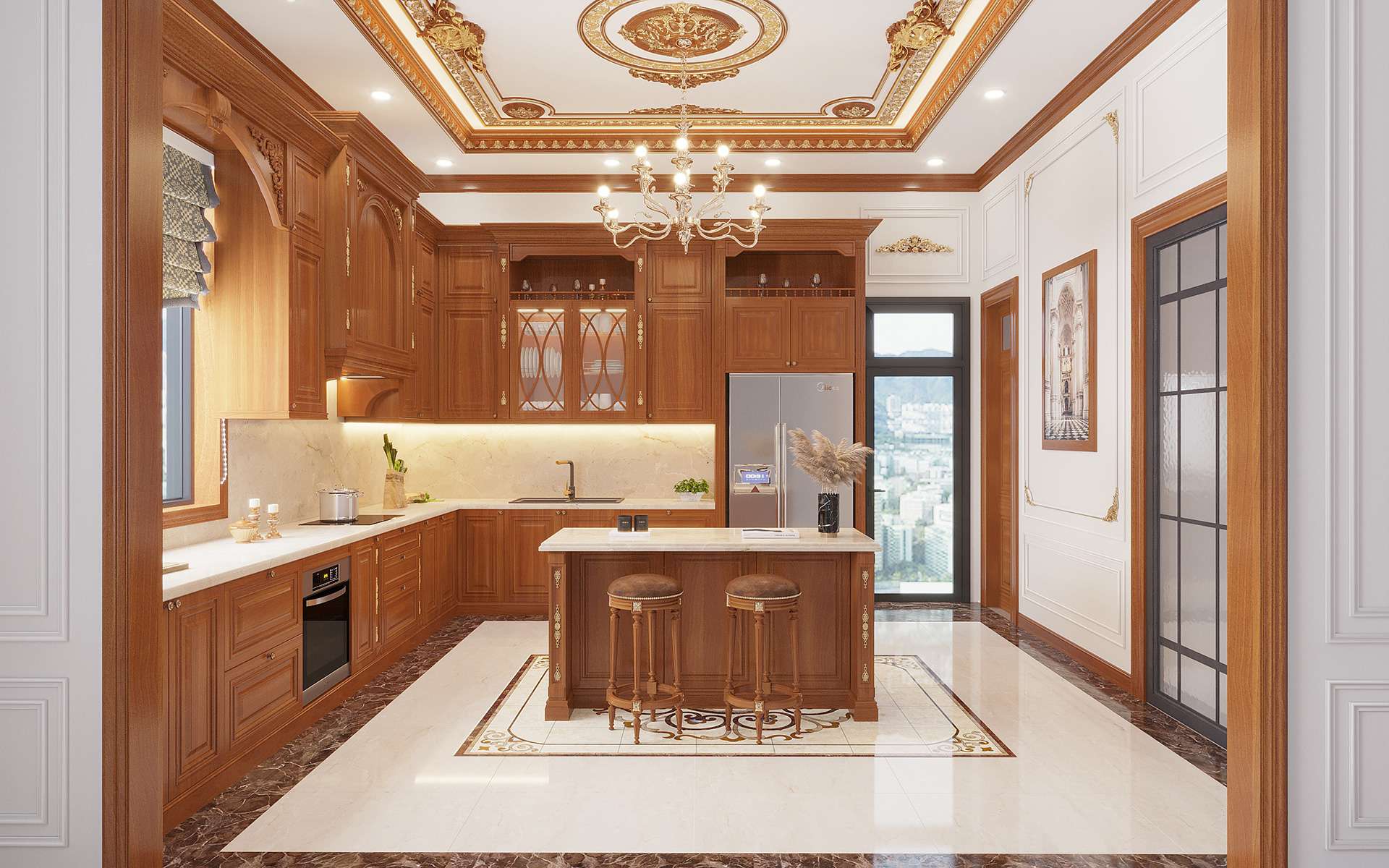 Nội thất phòng bếp bằng gỗ phong cách tân cổ điển vẫn có sức hút mạnh mẽ