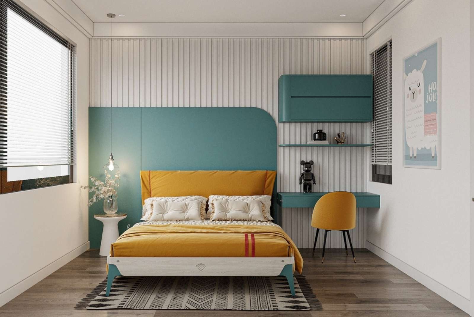 Kết hợp màu trắng cùng sắc xanh trong thiết kế nội thất phòng ngủ 14m2