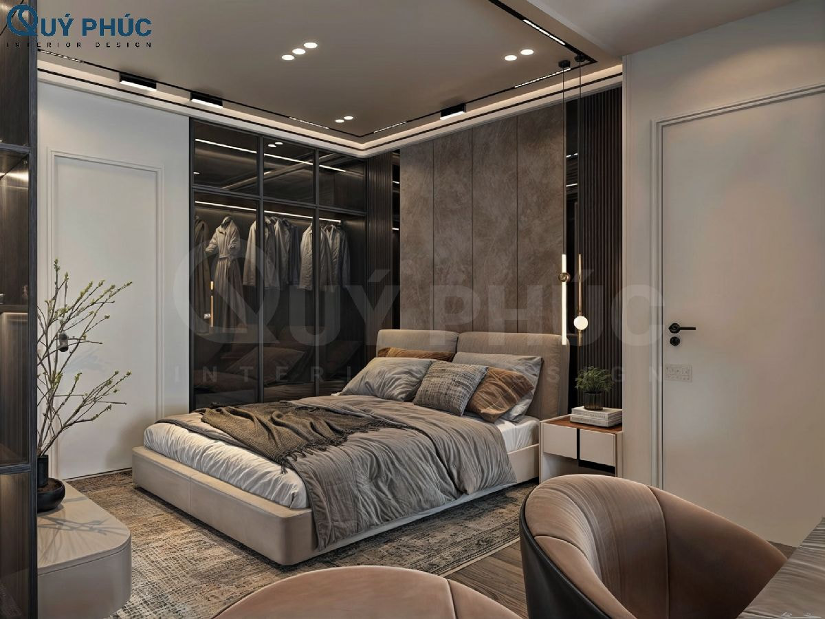 Mẫu phòng ngủ Master được decor với gam màu trầm ấm và sang trọng