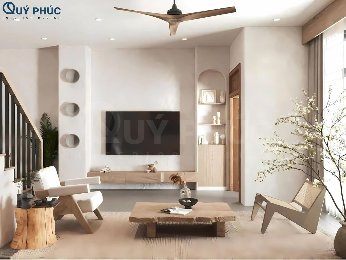 Bố trí nội thất mang đậm nét Wabi Sabi làm tôn lên vẻ mộc mạc cho phòng khách