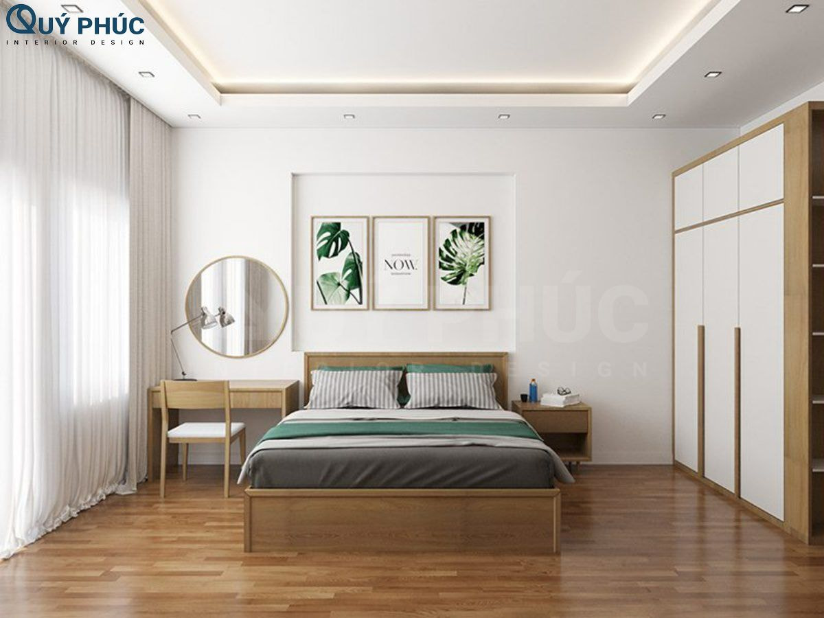 Phòng ngủ 30m2 có màu sắc trung tính và nội thất đơn giản