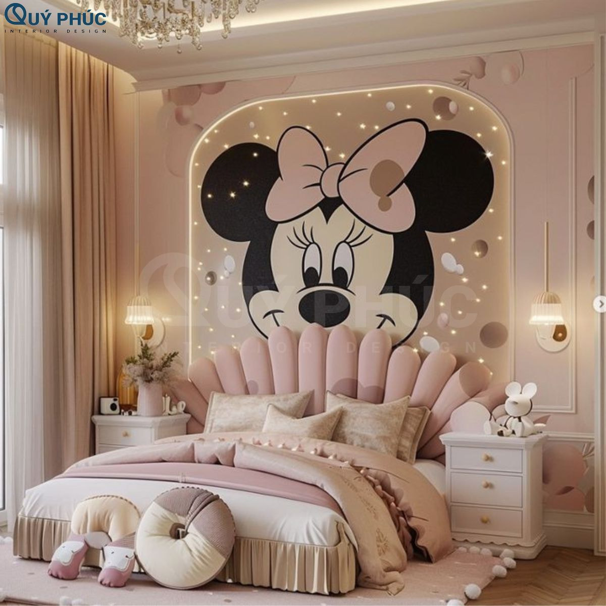 Phòng ngủ theo chủ đề nhân vật Minnie Mouse cực nữ tính phù hợp cho bé gái 13 tuổi