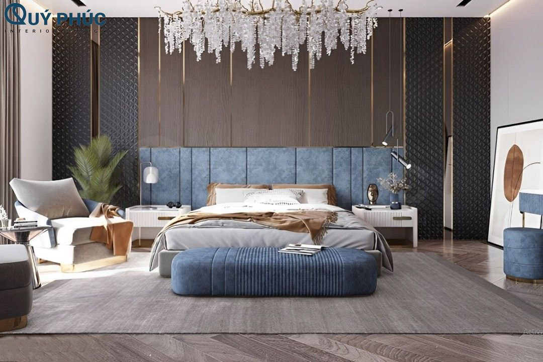 Phòng ngủ màu xanh dương với chi tiết decor đèn ngủ sang trọng và tinh tế