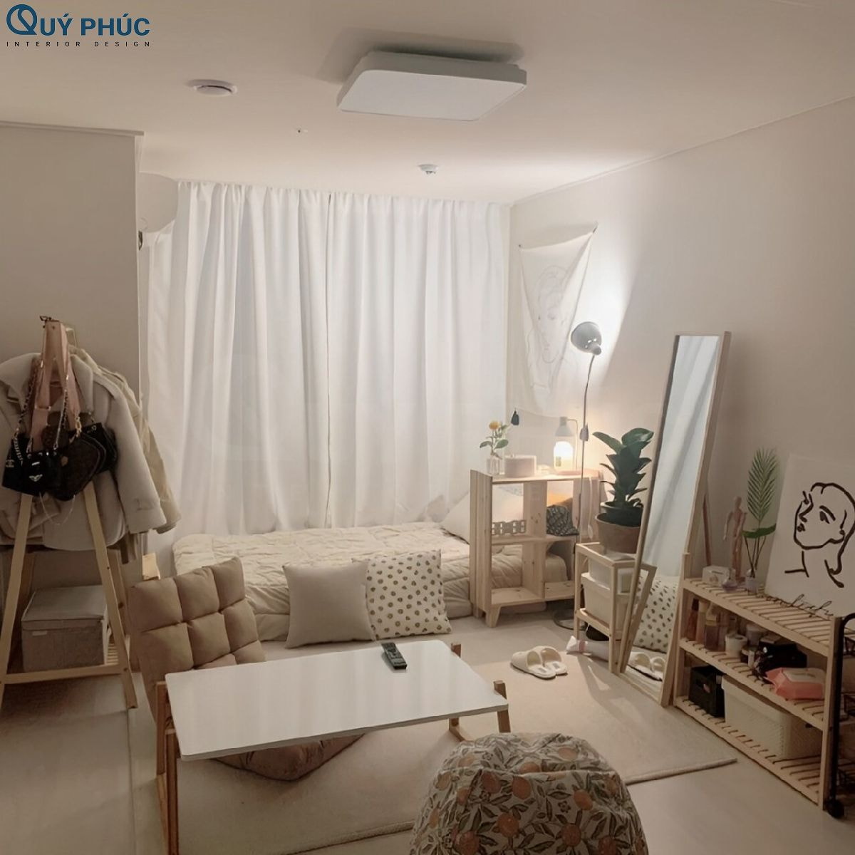 Một chiếc gương đứng sẽ giúp căn phòng ngủ decor theo phong cách Hàn Quốc của gia chủ trở nên rộng rãi, sáng sủa và đầy cuốn hút